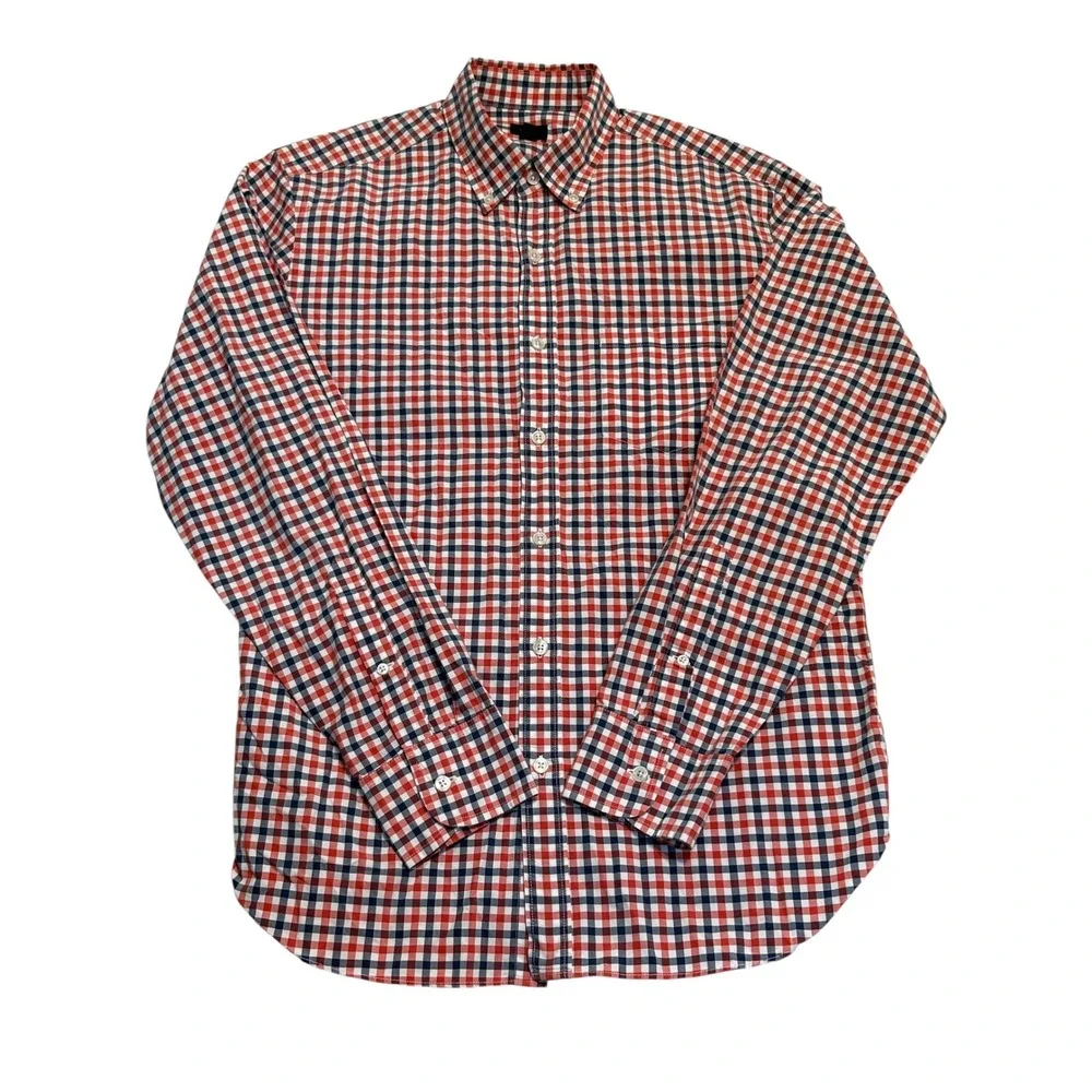 J.Crew Button Down Shirt Mens Size M Gingham Check Red Navy Blue Cotton Pocket